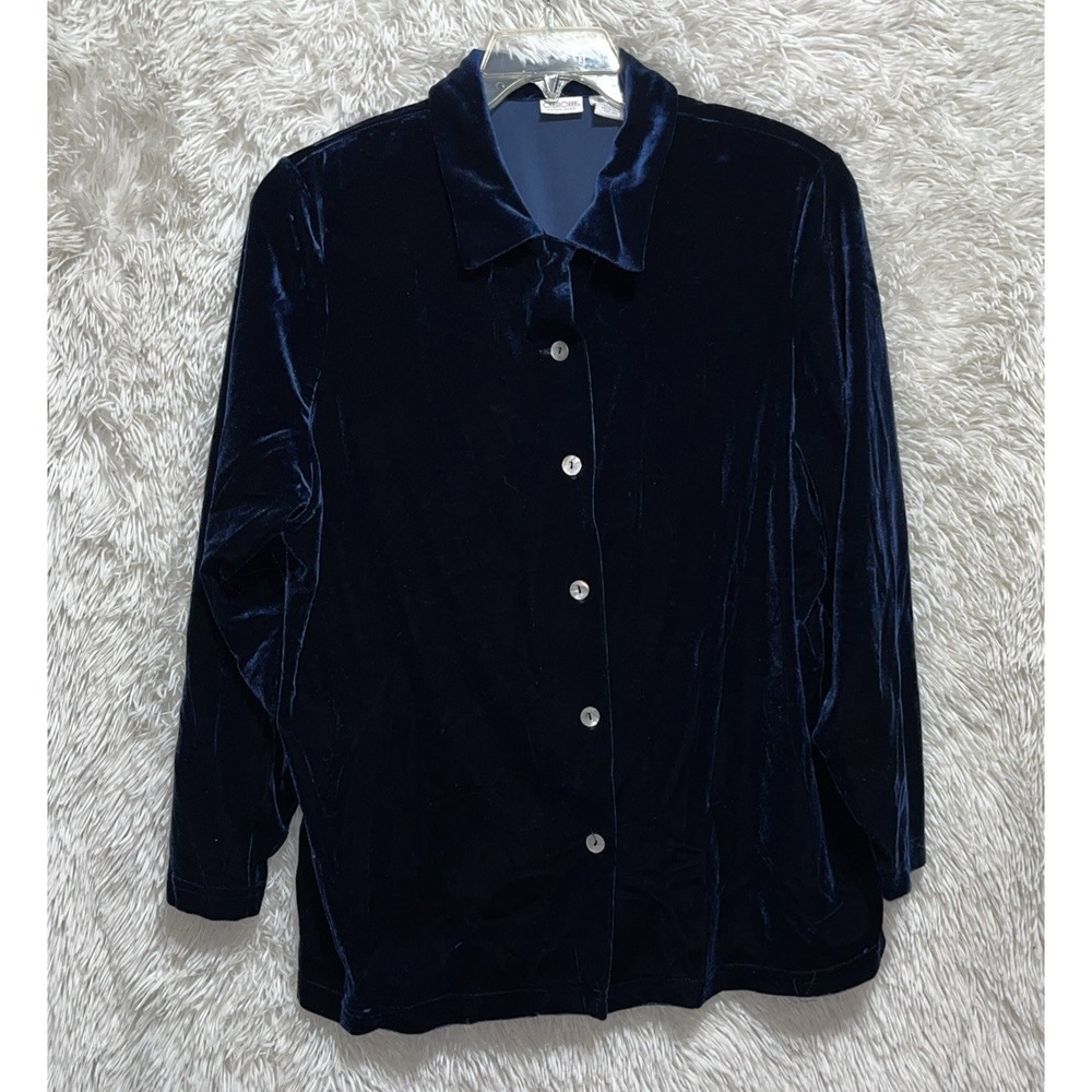 Cherokee Velvet Velour Blouse Women's Size‎ 18W-20W Blue Long Sleeve Button Top